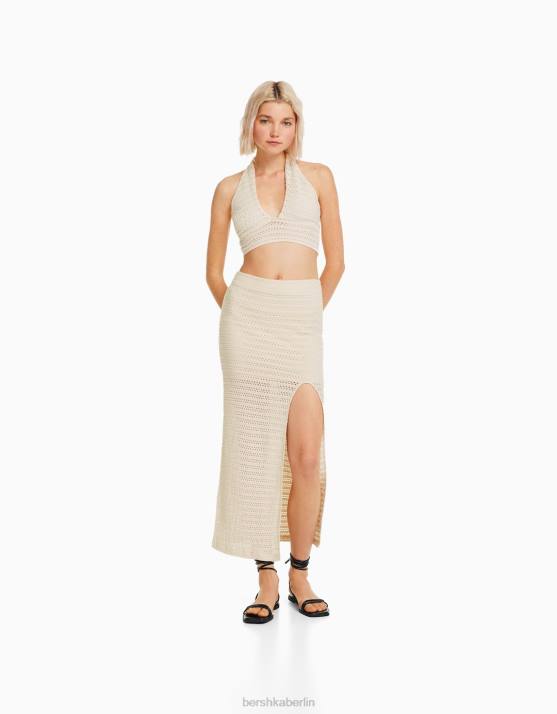 Beige Bershka Frauen rustikaler gehäkelter Midirock H00J977