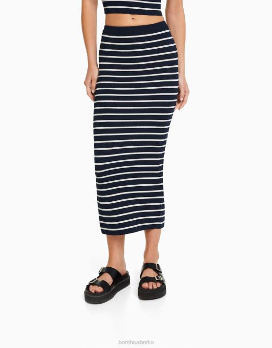 Blau Bershka Frauen Gestreifter Midirock aus Strick H00J984