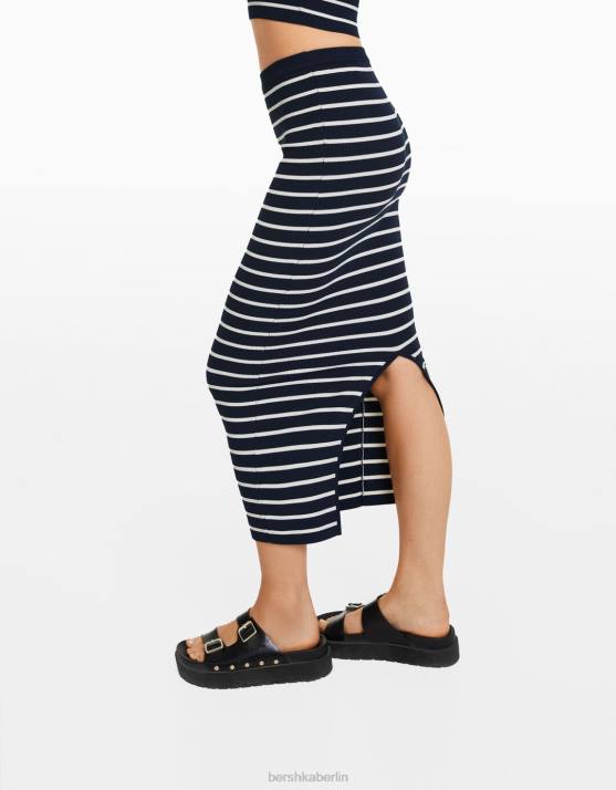 Blau Bershka Frauen Gestreifter Midirock aus Strick H00J984
