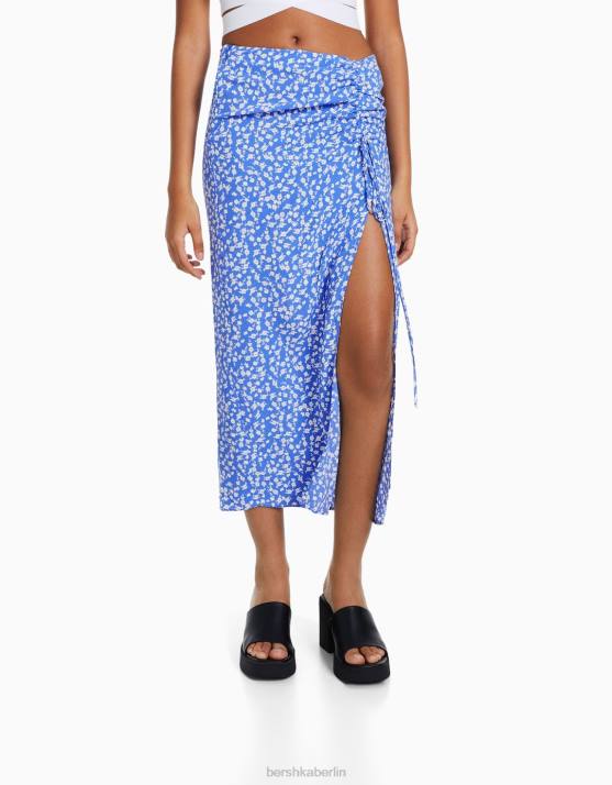 Blau Bershka Frauen Midirock mit Blumendruck H00J1629
