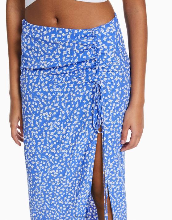 Blau Bershka Frauen Midirock mit Blumendruck H00J1629