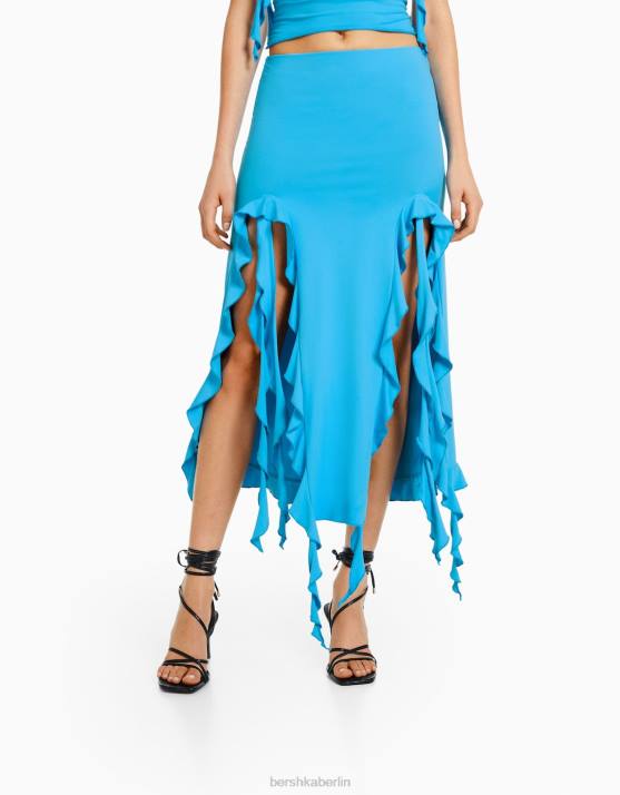 Blau Bershka Frauen Midirock mit Rüschen H00J1652
