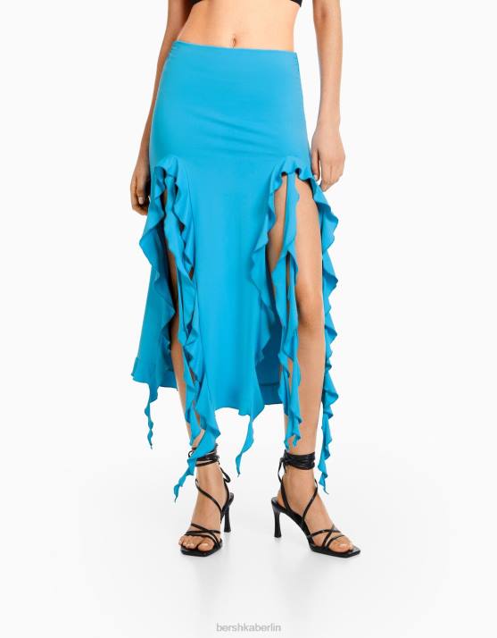Blau Bershka Frauen Midirock mit Rüschen H00J1841