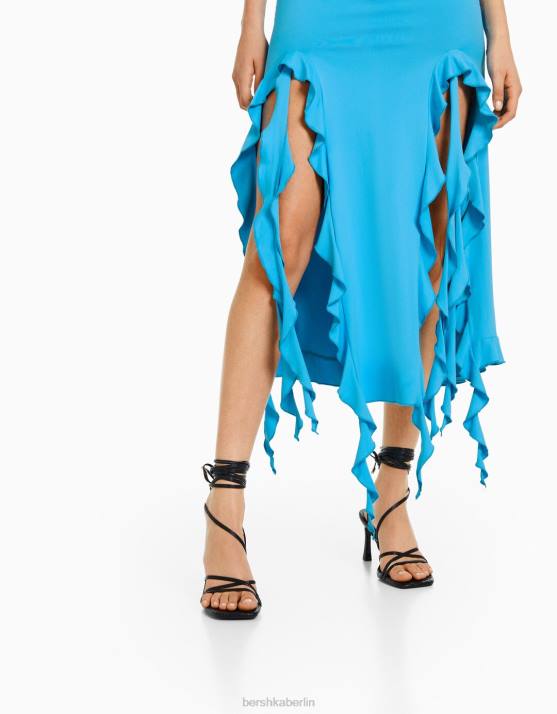Blau Bershka Frauen Midirock mit Rüschen H00J1841
