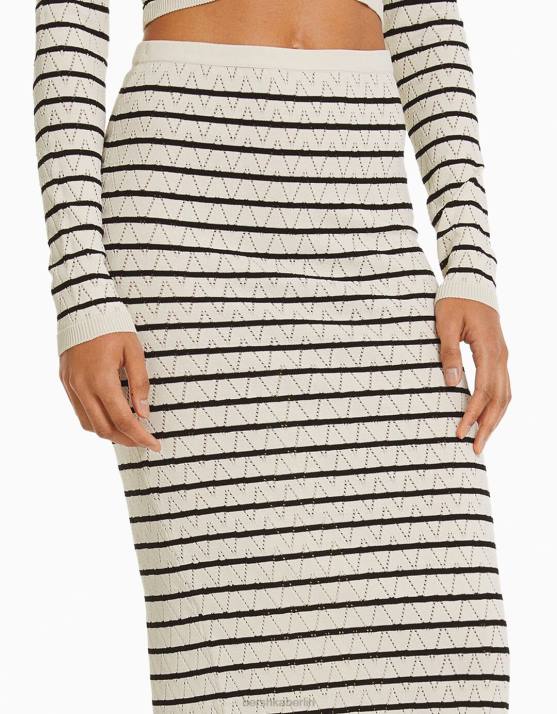 Creme Bershka Frauen Gestreifter, offener, gestrickter langer Rock H00J990