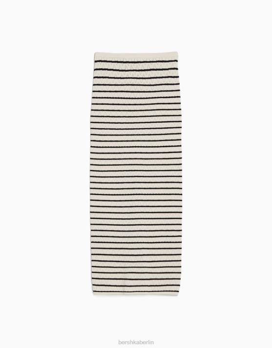 Creme Bershka Frauen Gestreifter, offener, gestrickter langer Rock H00J990