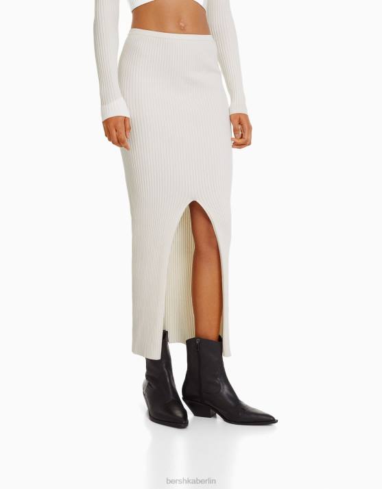 Creme Bershka Frauen Midirock aus Rippstrick H00J969