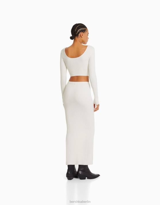 Creme Bershka Frauen Midirock aus Rippstrick H00J969