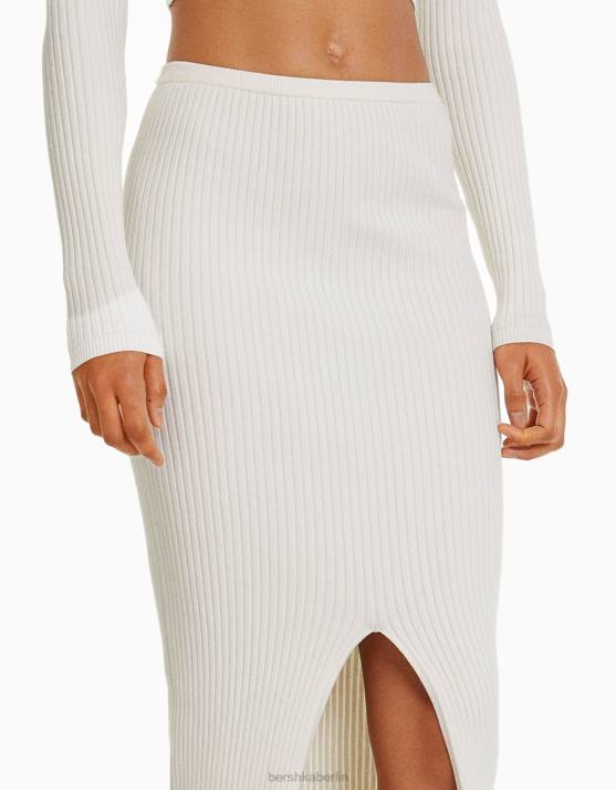 Creme Bershka Frauen Midirock aus Rippstrick H00J969