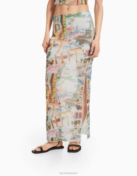 Creme Bershka Frauen Midirock mit Mesh-Print H00J1646