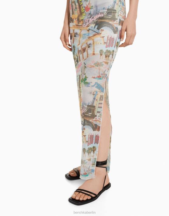 Creme Bershka Frauen Midirock mit Mesh-Print H00J1646