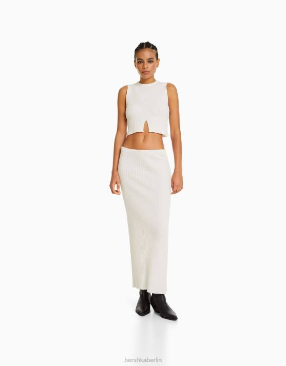 Creme Bershka Frauen Rustikaler Strick-Midirock H00J954