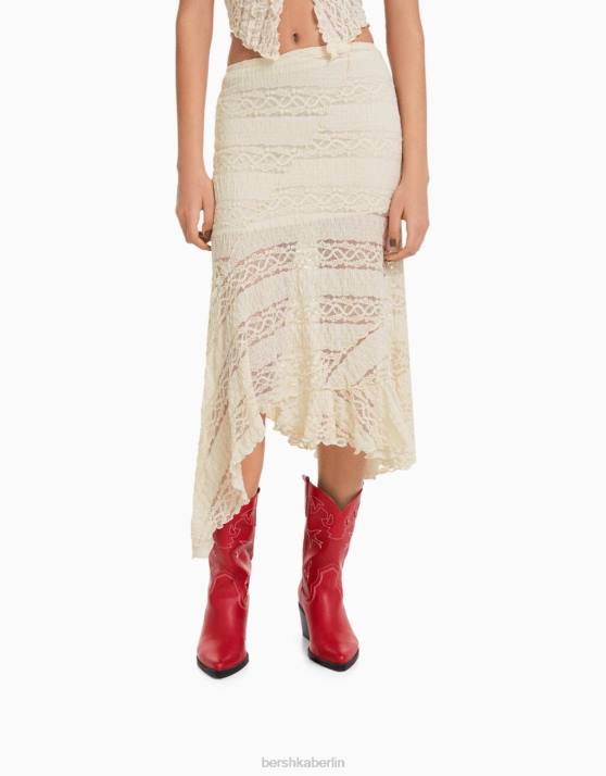 Creme Bershka Frauen asymmetrischer Midirock aus blonder Spitze H00J1916