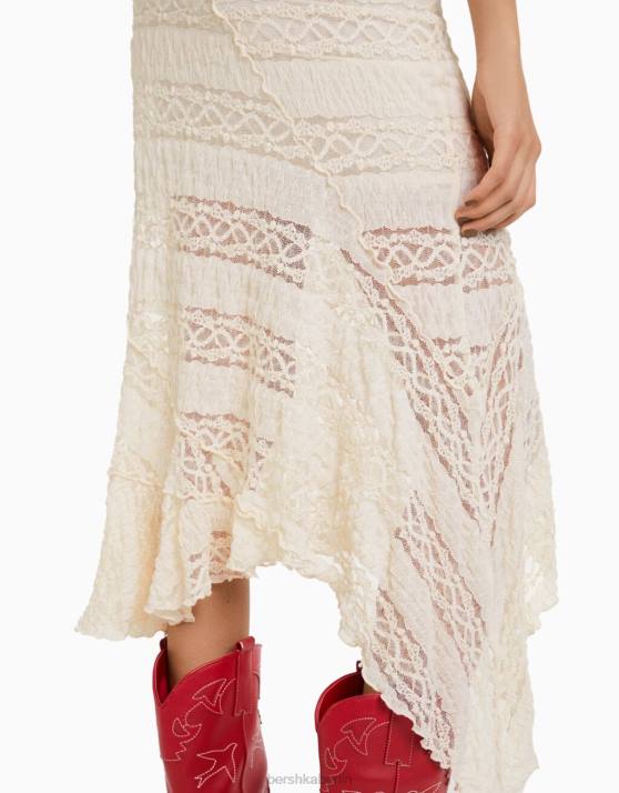 Creme Bershka Frauen asymmetrischer Midirock aus blonder Spitze H00J1916