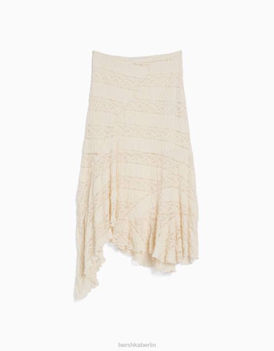 Creme Bershka Frauen asymmetrischer Midirock aus blonder Spitze H00J1916