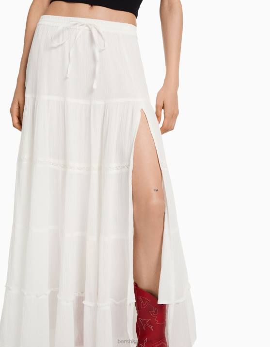 Creme Bershka Frauen langer Boho-Rock aus Baumwolle H00J1611