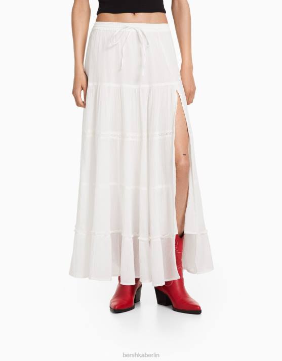 Creme Bershka Frauen langer Boho-Rock aus Baumwolle H00J1917