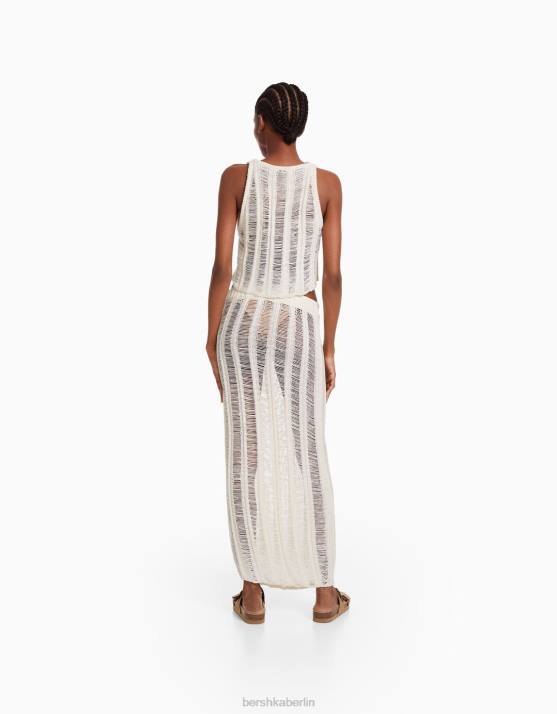 Creme Bershka Frauen langer, offen gestrickter Rock H00J959