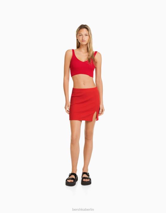 Rot Bershka Frauen gerippter Minirock H00J1660
