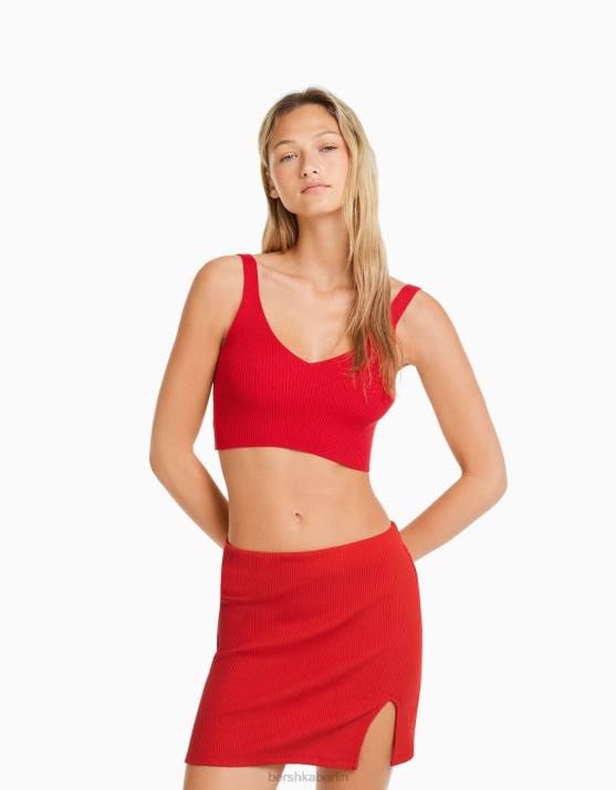 Rot Bershka Frauen gerippter Minirock H00J1660
