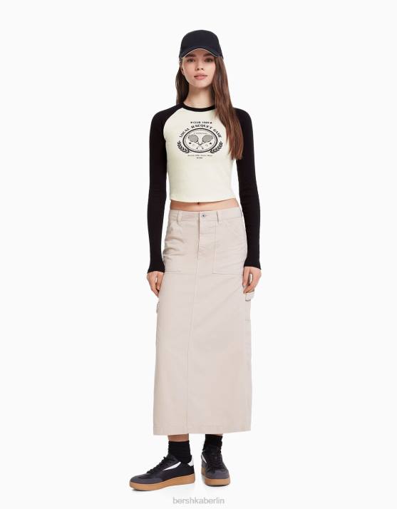 Sand Bershka Frauen Carpenter-Maxirock aus Baumwolle H00J4064