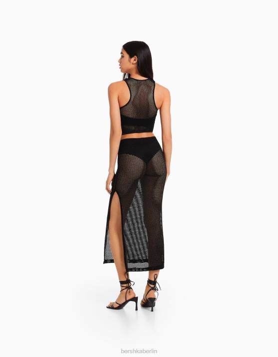 Schwarz Bershka Frauen Mesh-Midirock H00J1643