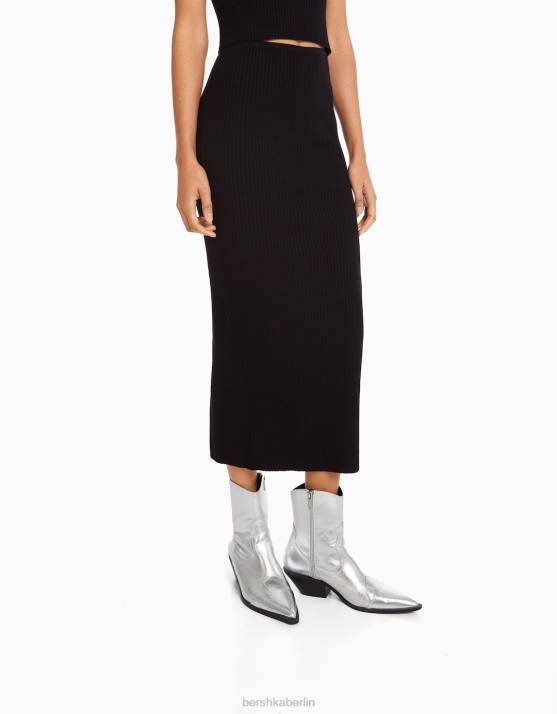 Schwarz Bershka Frauen Midirock aus Rippstrick H00J956