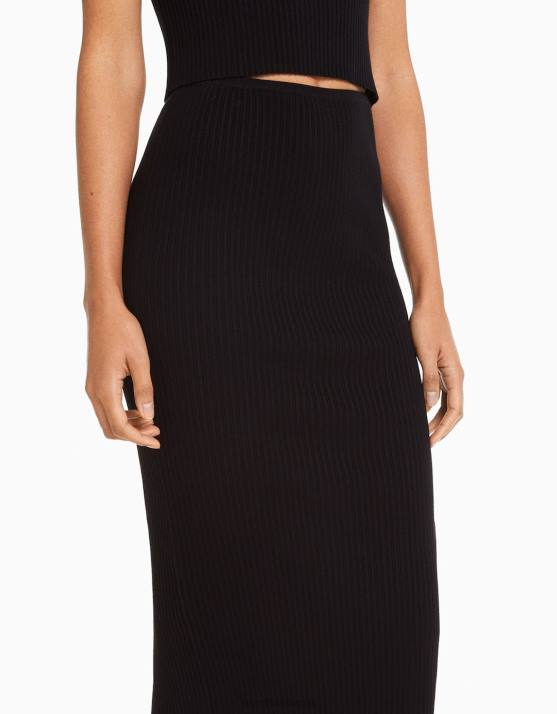 Schwarz Bershka Frauen Midirock aus Rippstrick H00J956