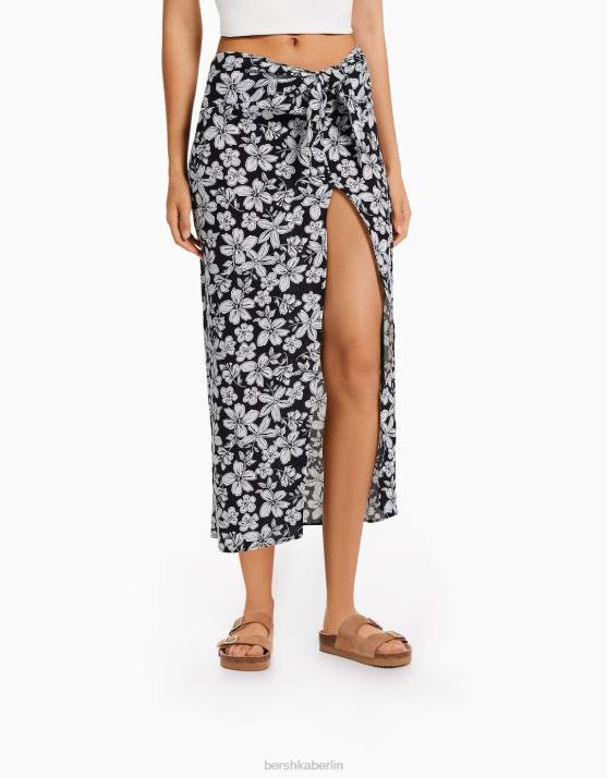 Schwarz Bershka Frauen Midirock mit Blumendruck H00J1627