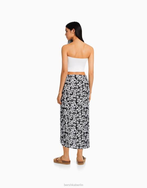 Schwarz Bershka Frauen Midirock mit Blumendruck H00J1627
