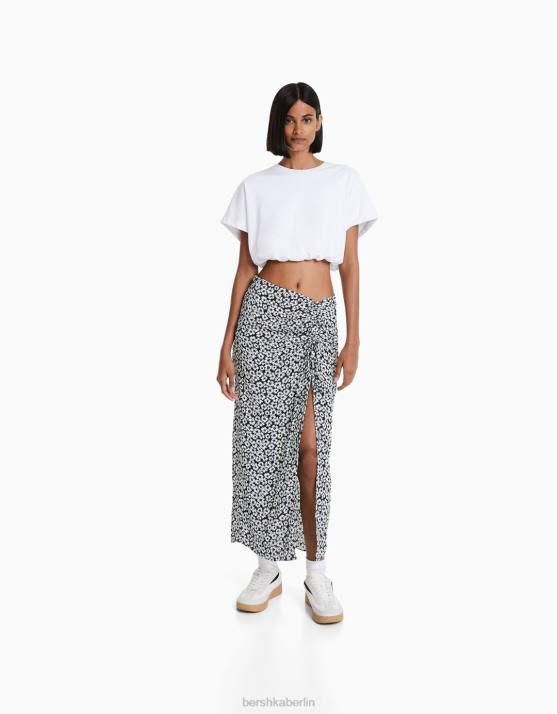 Schwarz Bershka Frauen Midirock mit Blumendruck H00J1628