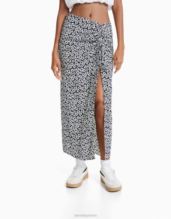 Schwarz Bershka Frauen Midirock mit Blumendruck H00J1628