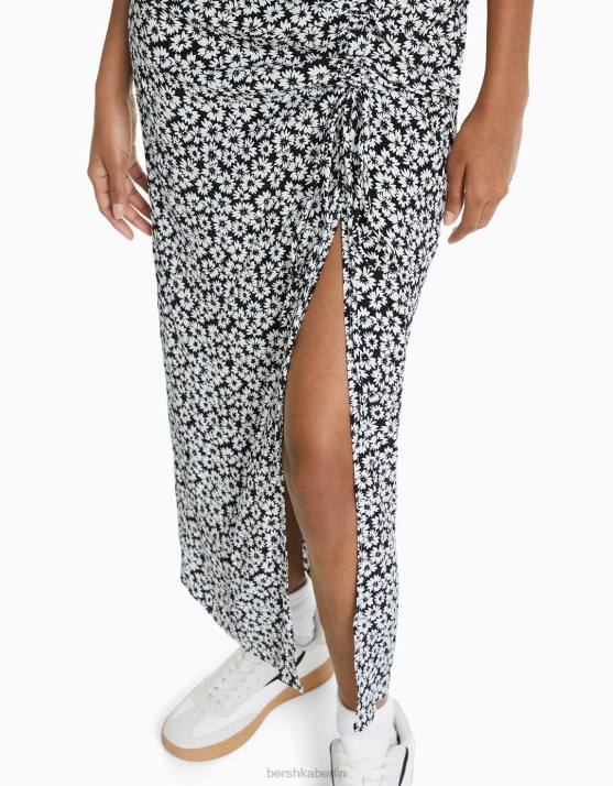 Schwarz Bershka Frauen Midirock mit Blumendruck H00J1628