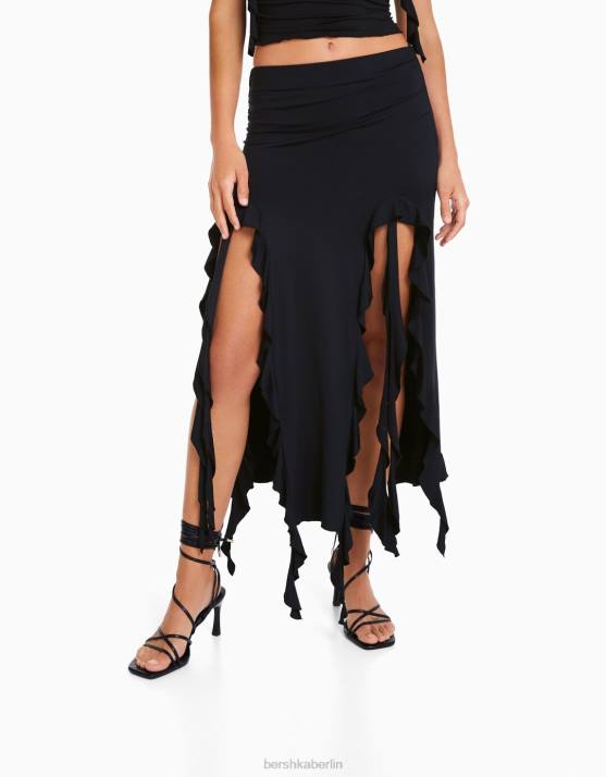 Schwarz Bershka Frauen Midirock mit Rüschen H00J1608