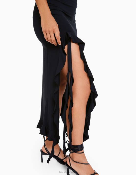 Schwarz Bershka Frauen Midirock mit Rüschen H00J1608