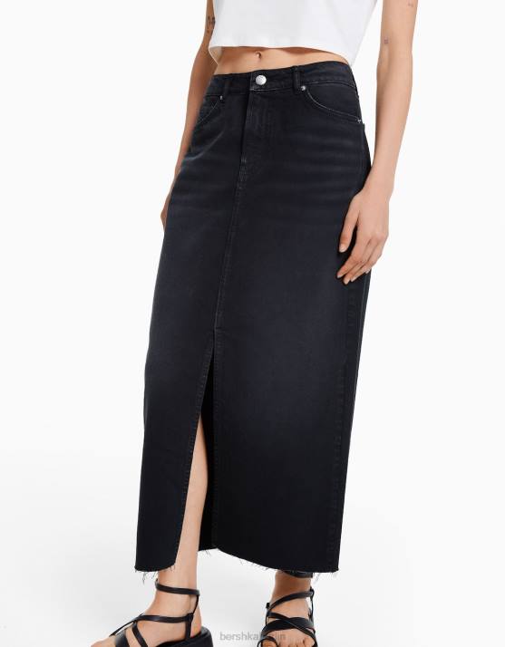 Schwarz Bershka Frauen langer Jeansrock H00J1663