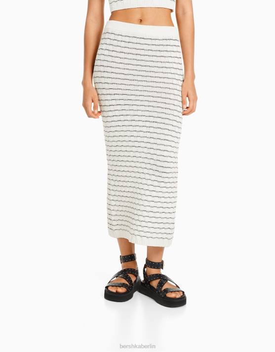 Weiss Bershka Frauen Strick-Midirock H00J987