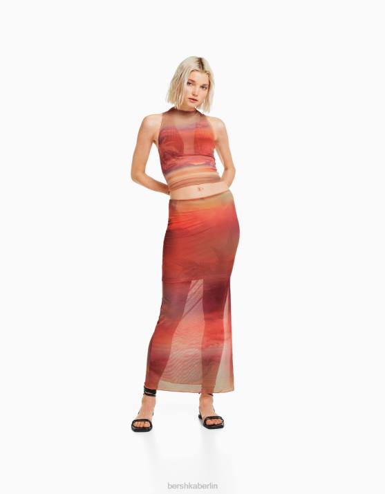 andere Bershka Frauen Midirock aus bedrucktem Tüll H00J1645