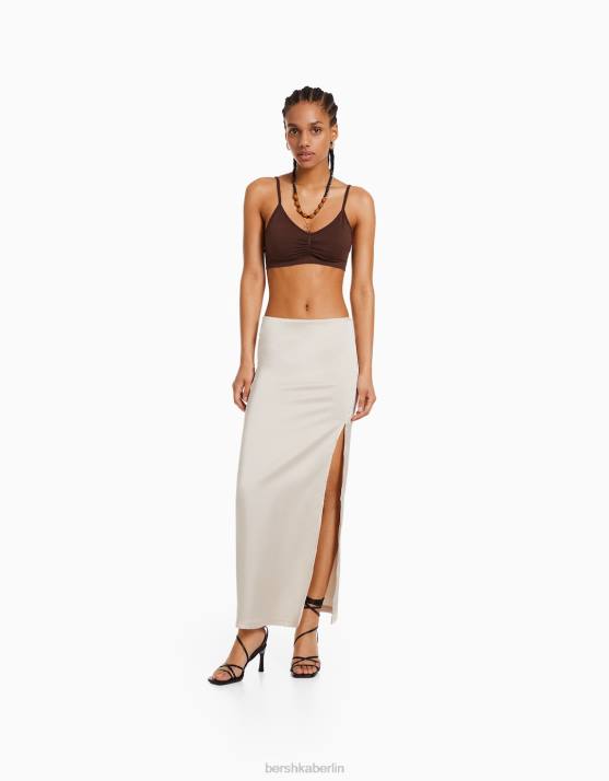 andere Bershka Frauen Satin-Midirock mit Seitenschlitz H00J1617