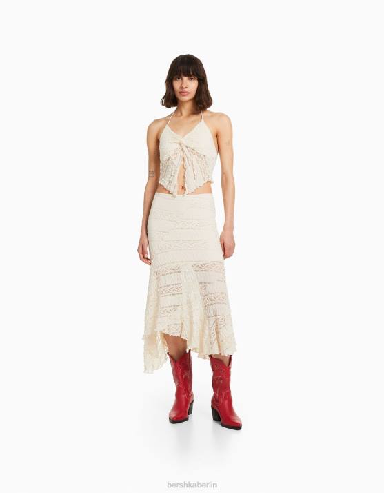 andere Bershka Frauen asymmetrischer Midirock aus blonder Spitze H00J1612