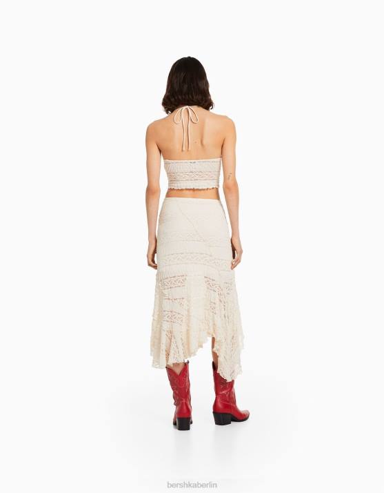 andere Bershka Frauen asymmetrischer Midirock aus blonder Spitze H00J1612