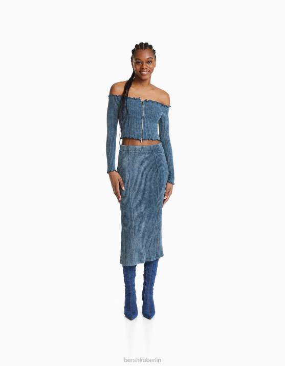 hellblau Bershka Frauen Ausgebleichter Midirock H00J1626