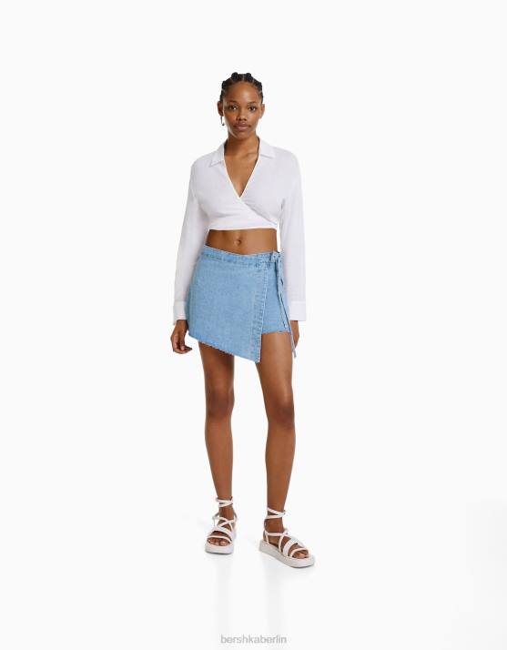 hellblau Bershka Frauen Denim-Skort mit seitlichem Knoten H00J1664