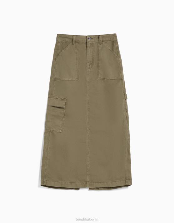 khaki Bershka Frauen Carpenter-Midirock aus Baumwolle H00J4063