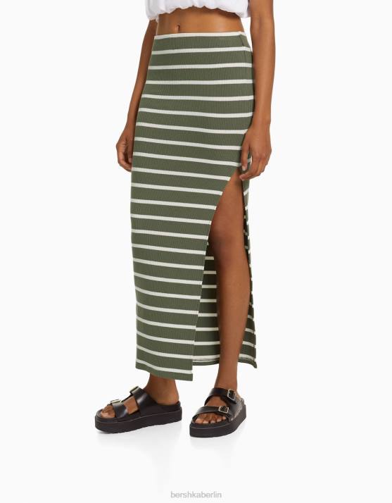 khaki Bershka Frauen gestreifter Midirock H00J1623