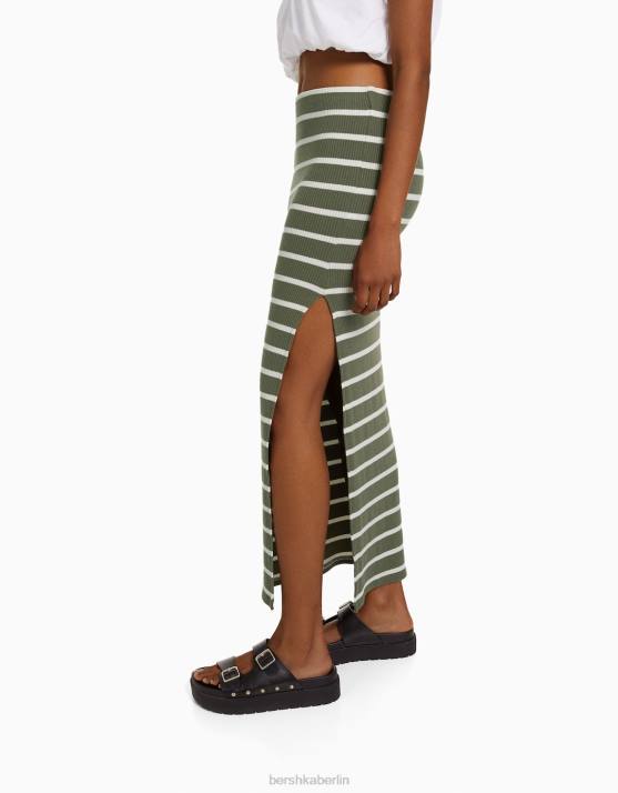khaki Bershka Frauen gestreifter Midirock H00J1623