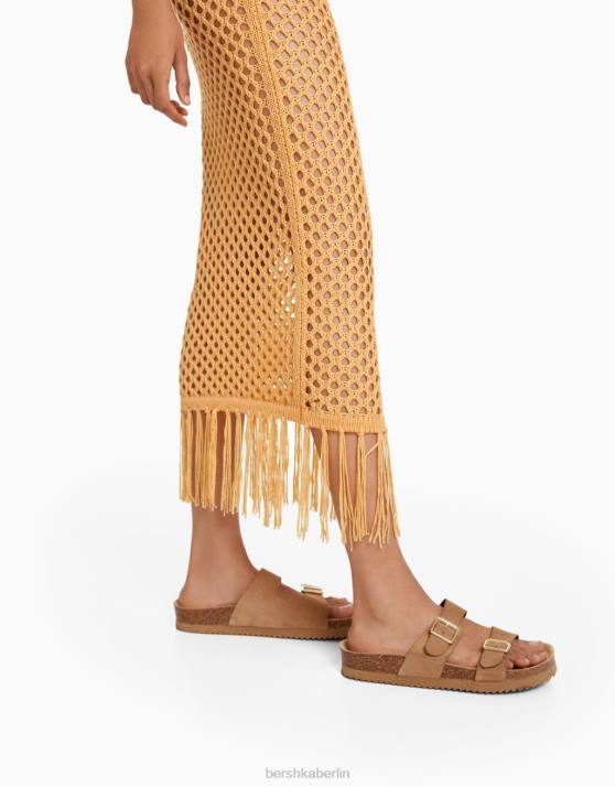 orange Bershka Frauen Gehäkelter Midirock mit Fransen H00J1855