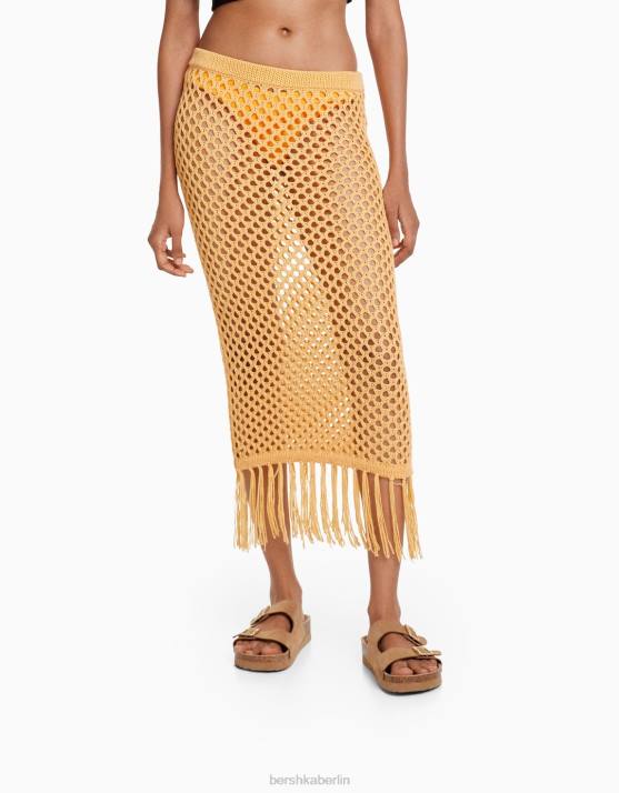 orange Bershka Frauen Gehäkelter Midirock mit Fransen H00J971