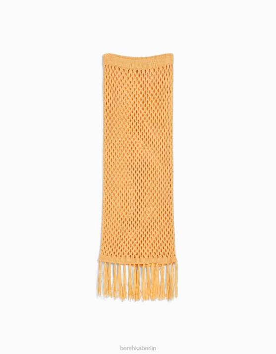 orange Bershka Frauen Gehäkelter Midirock mit Fransen H00J971