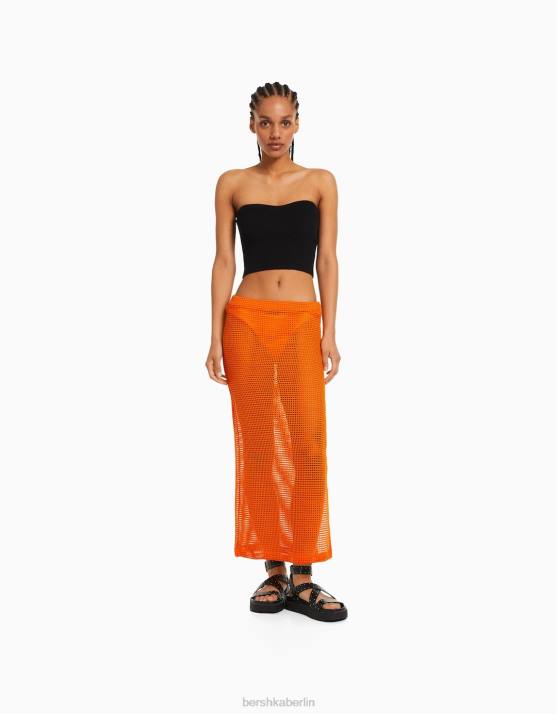 orange Bershka Frauen Mesh-Midirock H00J1642